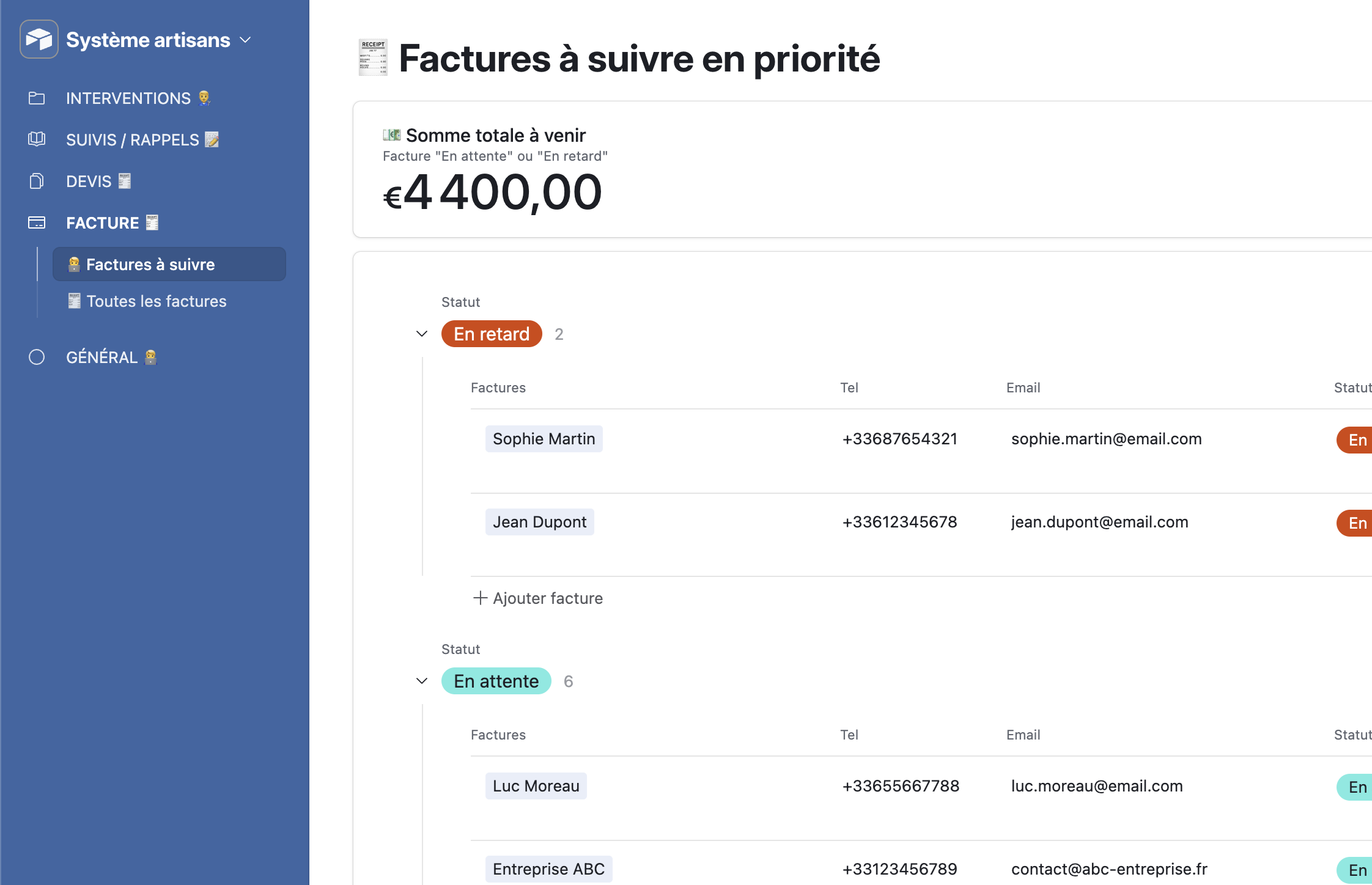 Interface de gestion artisan